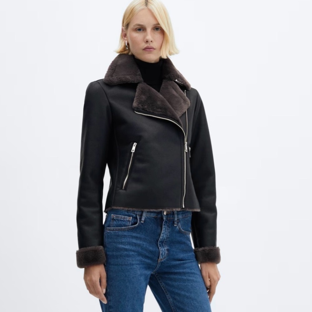 Mango Faux Shearling Lined Jacket XXS Moto Biker Jacket - Picture 12 of 12